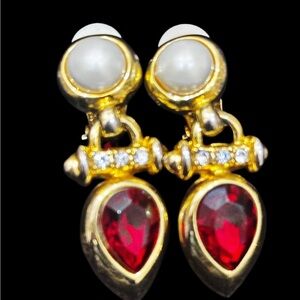 1980s Vintage Door Knocker Earrings with Red Glass, Pearls, and Crystals